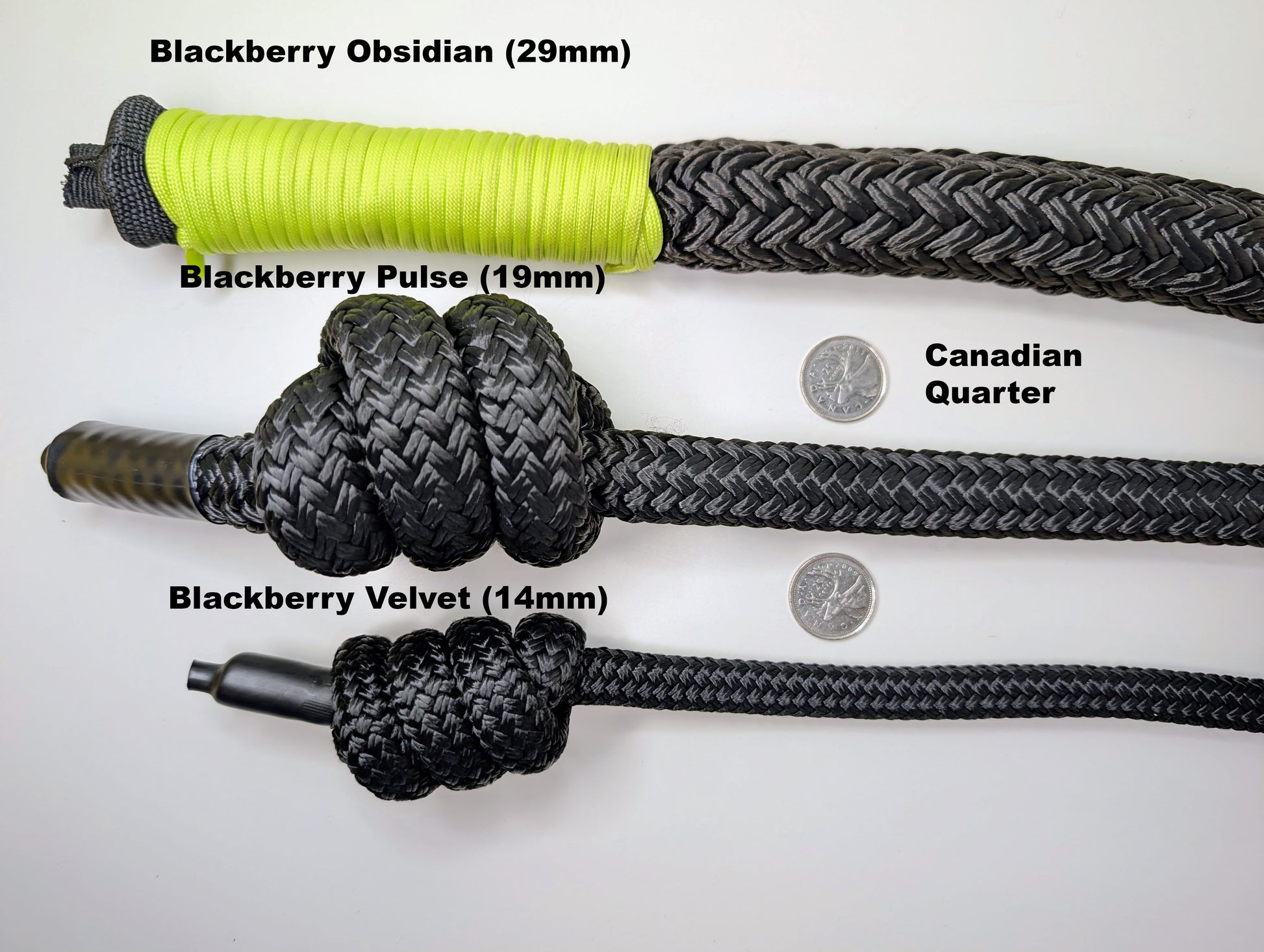 Comparing the Blackberry Series Rope Flow Ropes - Obsidian (29mm), Pulse (19mm) and Velvet (14mm) against the size of a Canadian Quarter