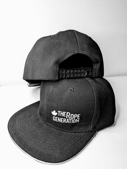 Black flat brim snap back cap with the words the rope generation